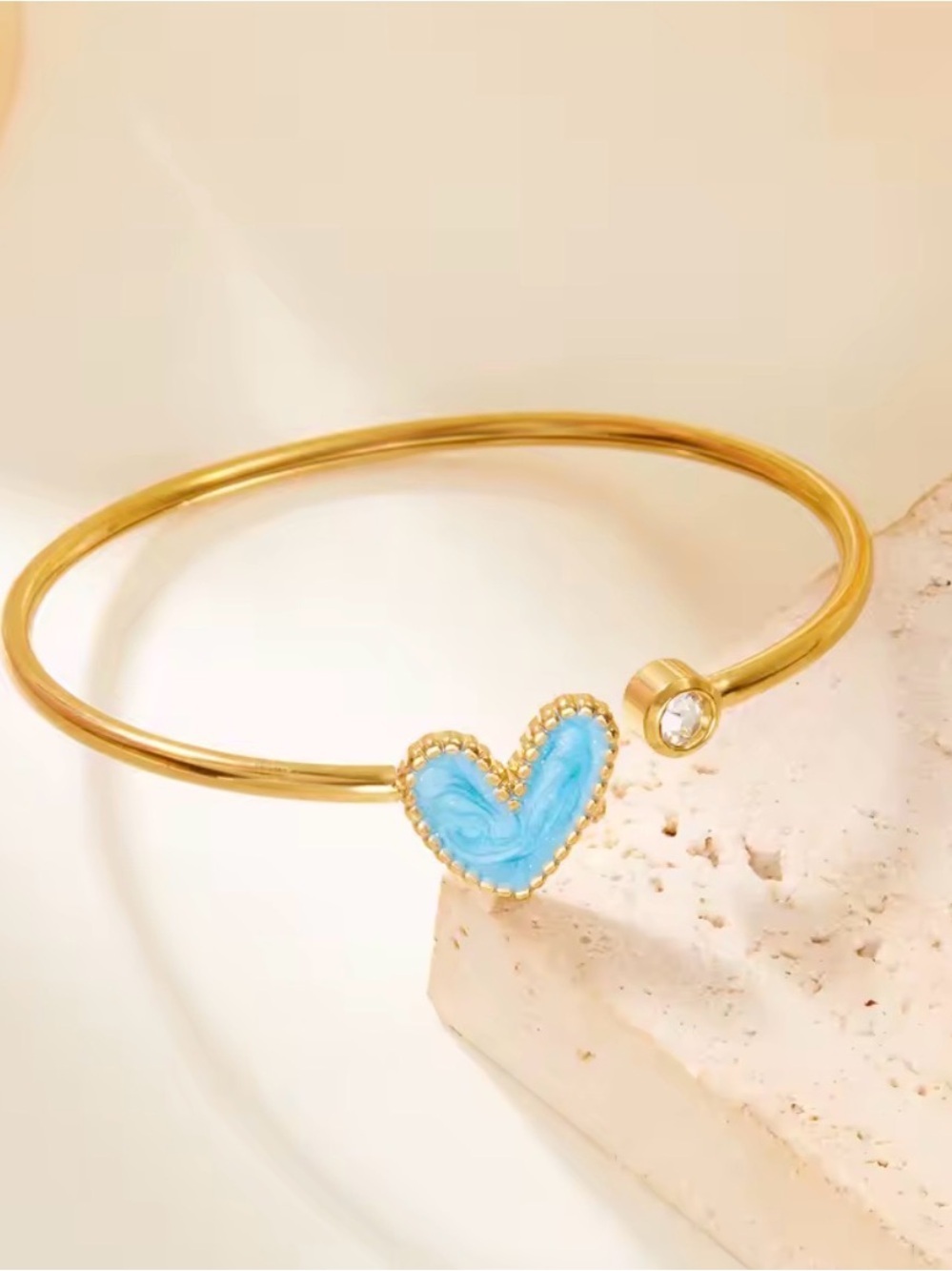 Gold Heart Cuff Bracelet with Blue Enamel Accent